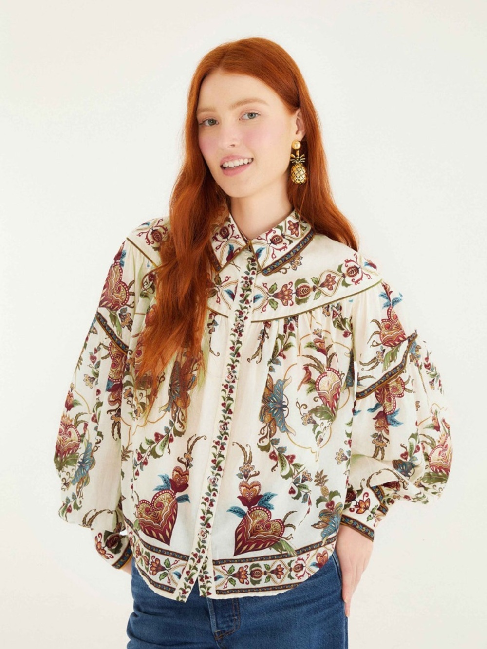 Farm Rio Cream Majestic Hearts Blouse NWT